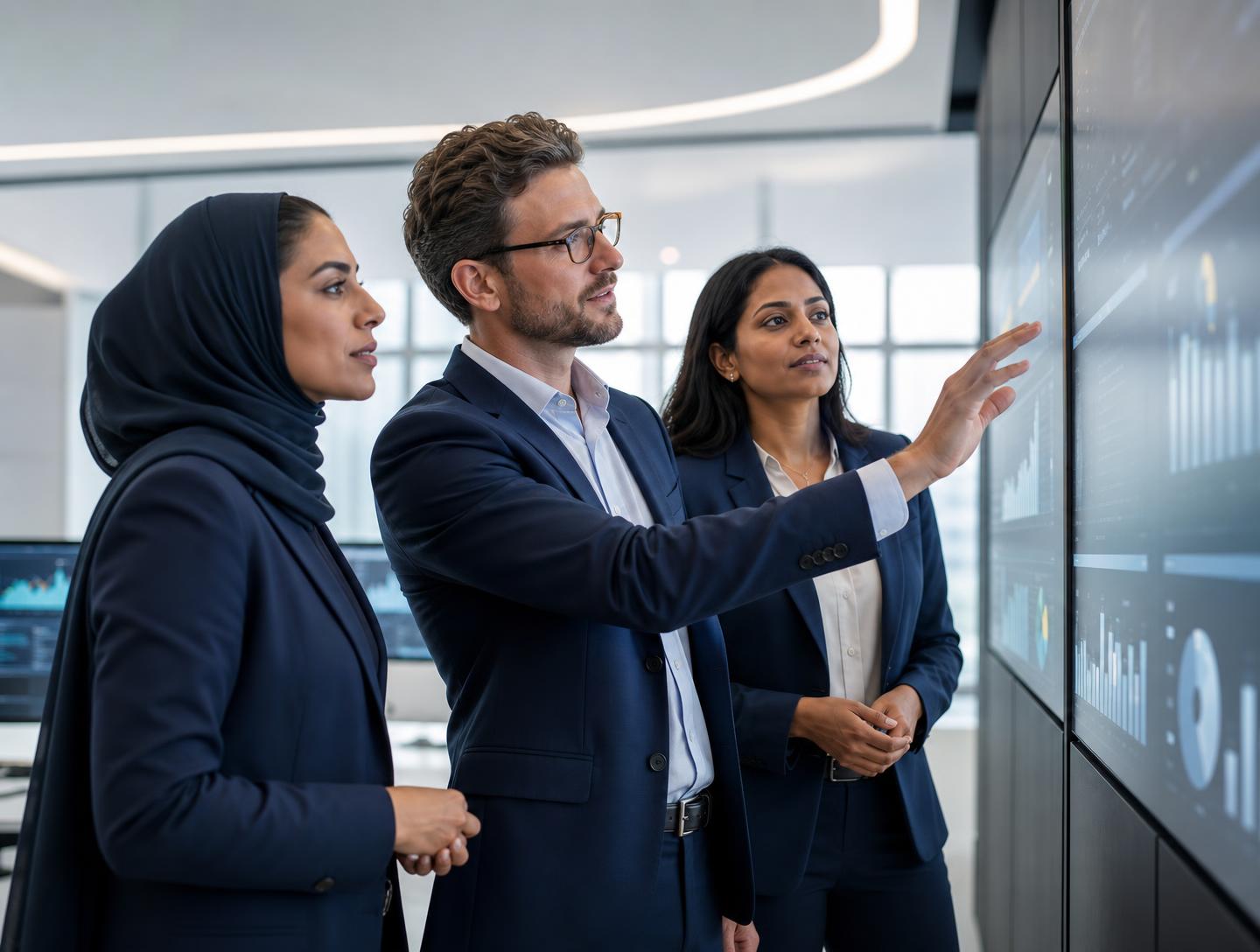 Enterprise leadership reviewing live operational data in a modern control room