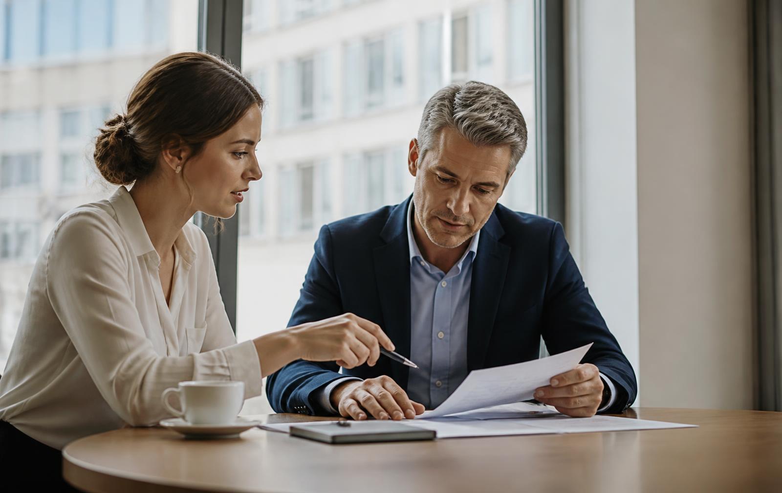 Two consultants reviewing documents together in a modern office