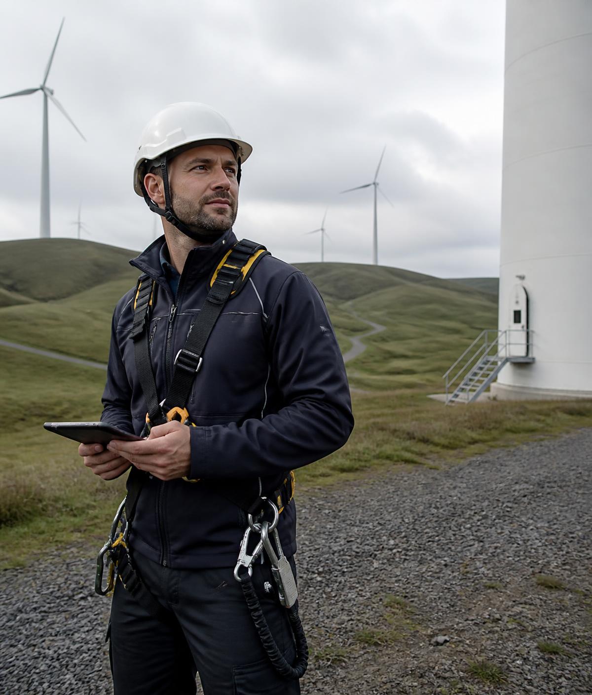 A field engineer at the base of a wind turbine