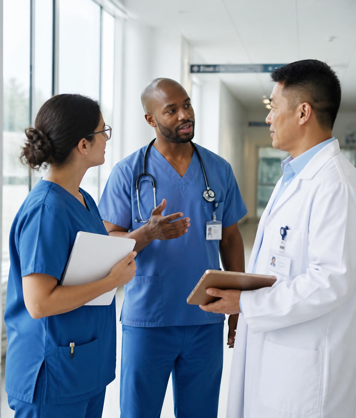 A clinical team talking together in a hospital corridor