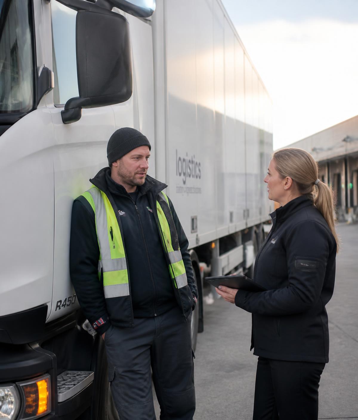 A logistics coordinator beside a delivery vehicle