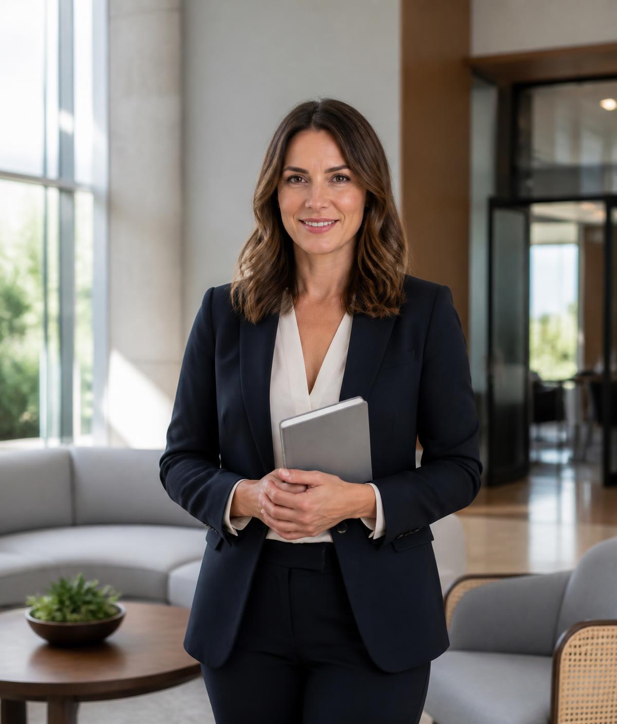 A consultant standing in a modern office lobby