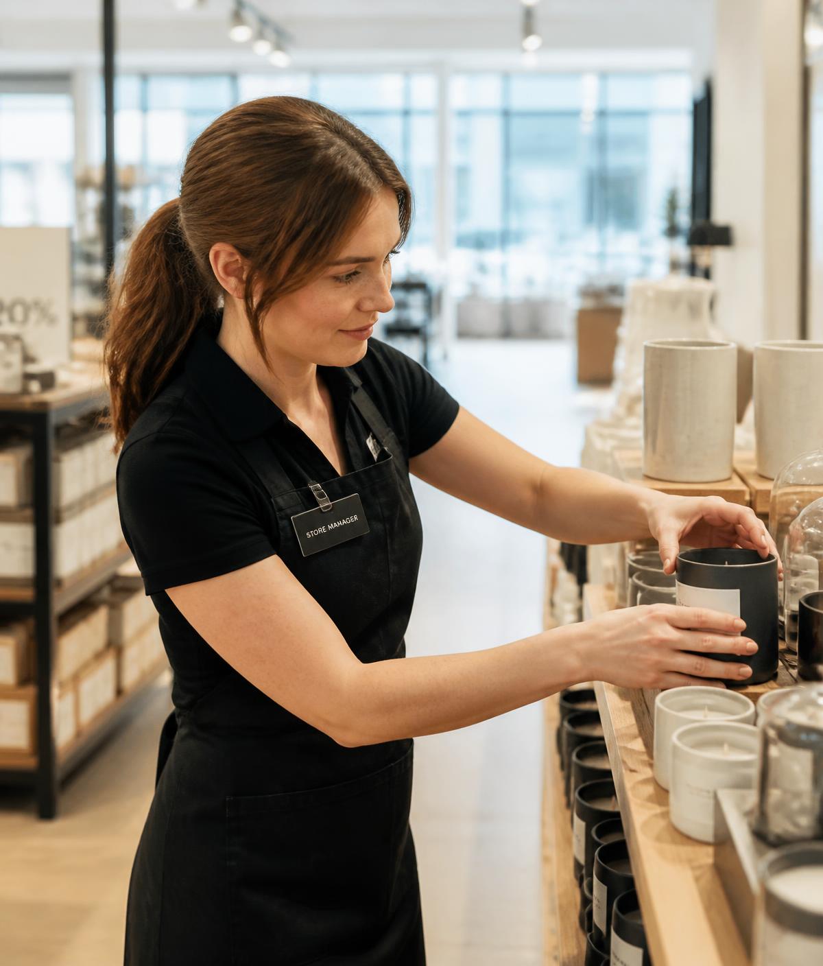 A retail employee arranging a store display