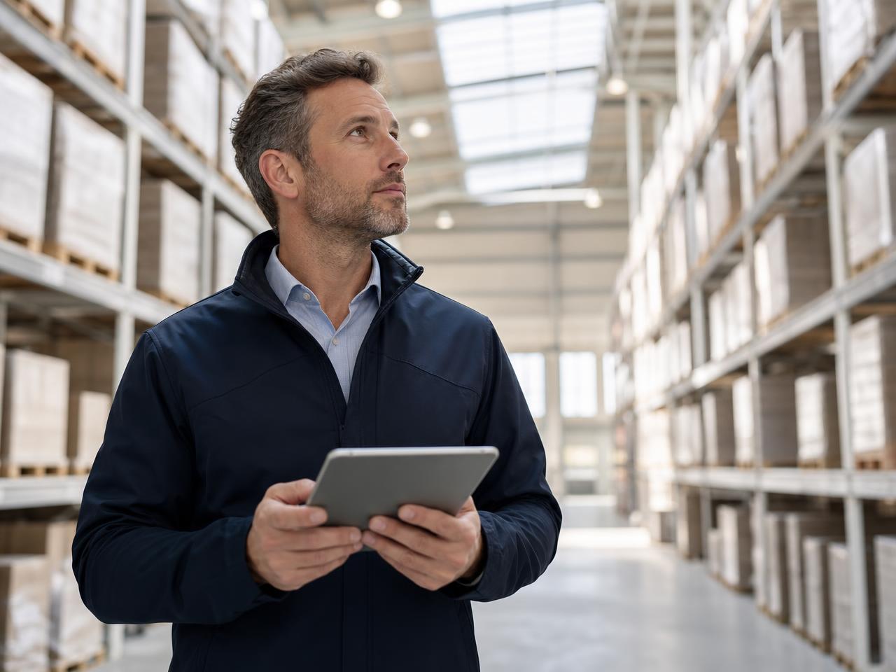 Logistics director reviewing asset telemetry in a modern distribution centre