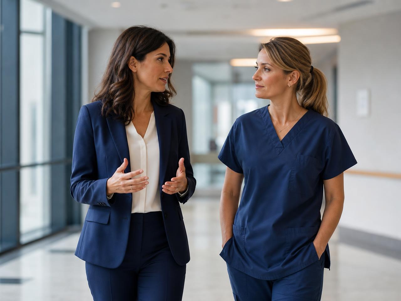 Healthcare operations director and clinical manager discussing workforce coordination