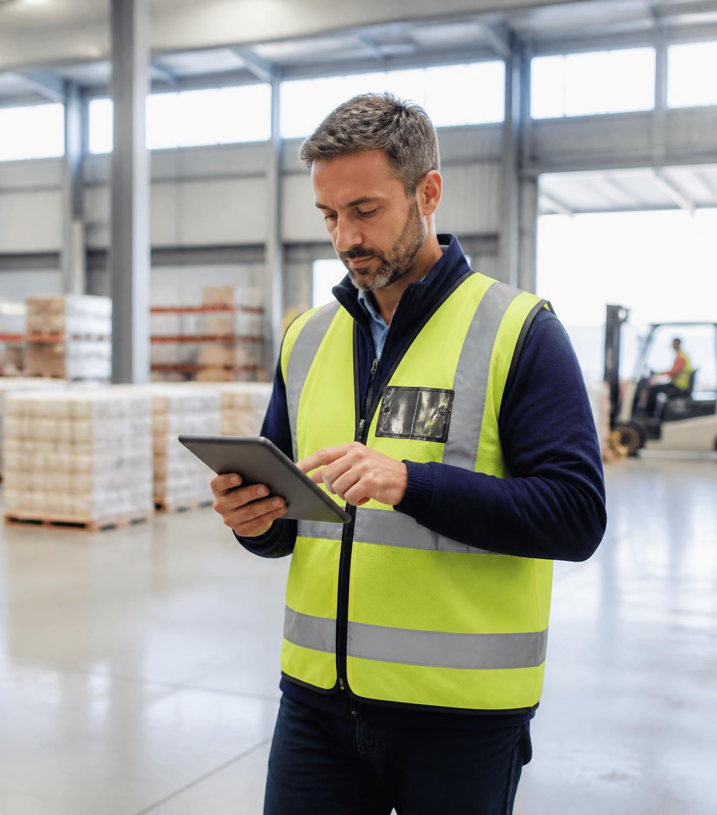 A logistics team member checking operations on a tablet in a warehouse